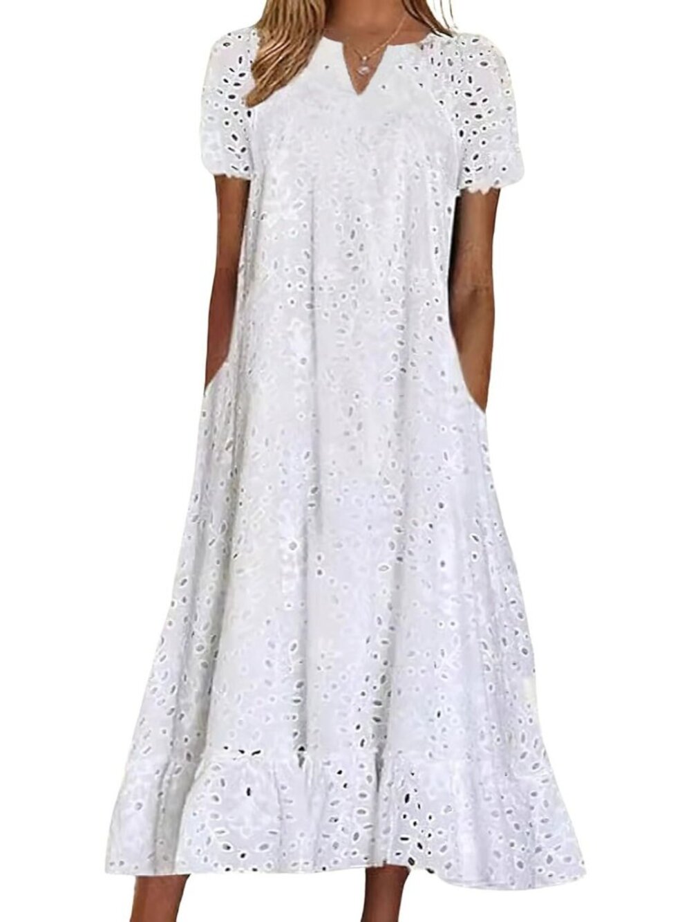 Floral Lace Eyelet Midi Dress with Ruffle Hem, Notch Neck & Pockets - Summer